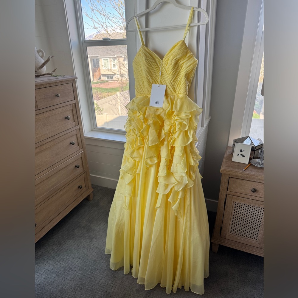 Mac Duggal Lemon Yellow Ruffle Tiered Prom Gown Sample Dress
